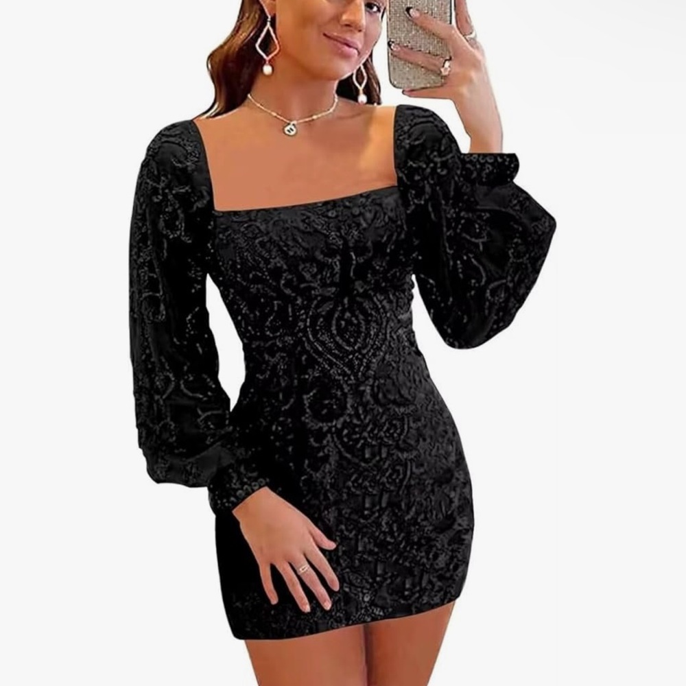 Amazon Black Bodycon Cocktail Dress with Bishop Sleeves